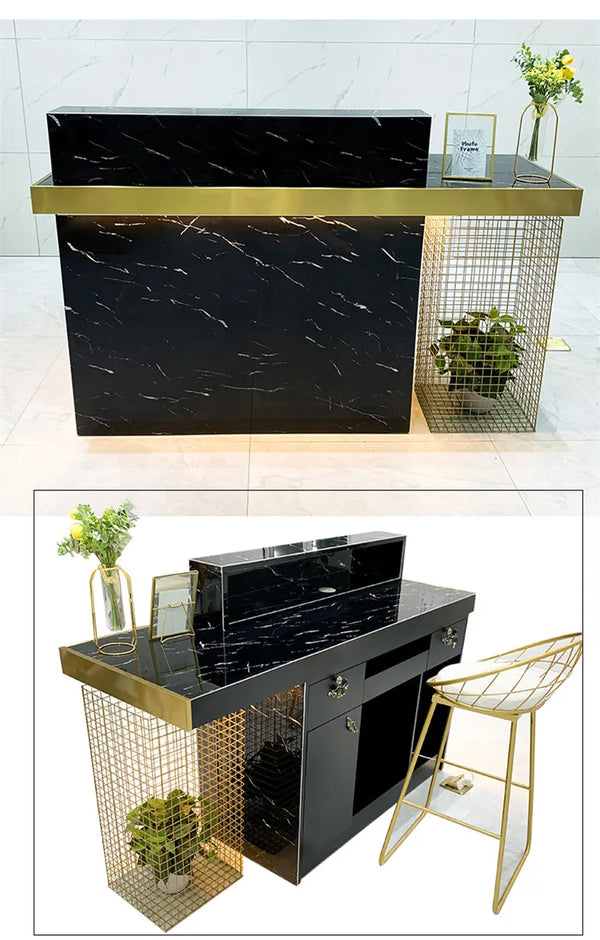 Modern Office Reception Counter Gold Metal Beauty Salon Front Reception Desk