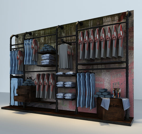 Fashion Wall Mounted Modular Metal Retail Purse Display Rack With LED Bar Light and Cabinet