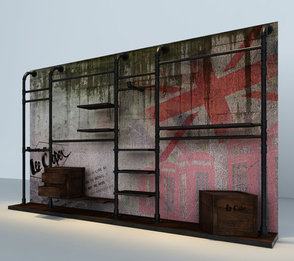 Fashion Wall Mounted Modular Metal Retail Purse Display Rack With LED Bar Light and Cabinet