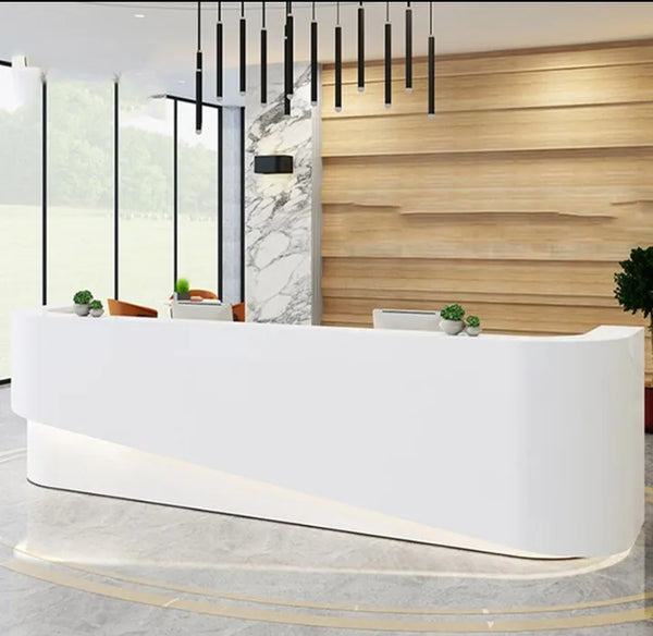 White Store Checkout Counter Design Office Reception Desk with LED Lights
